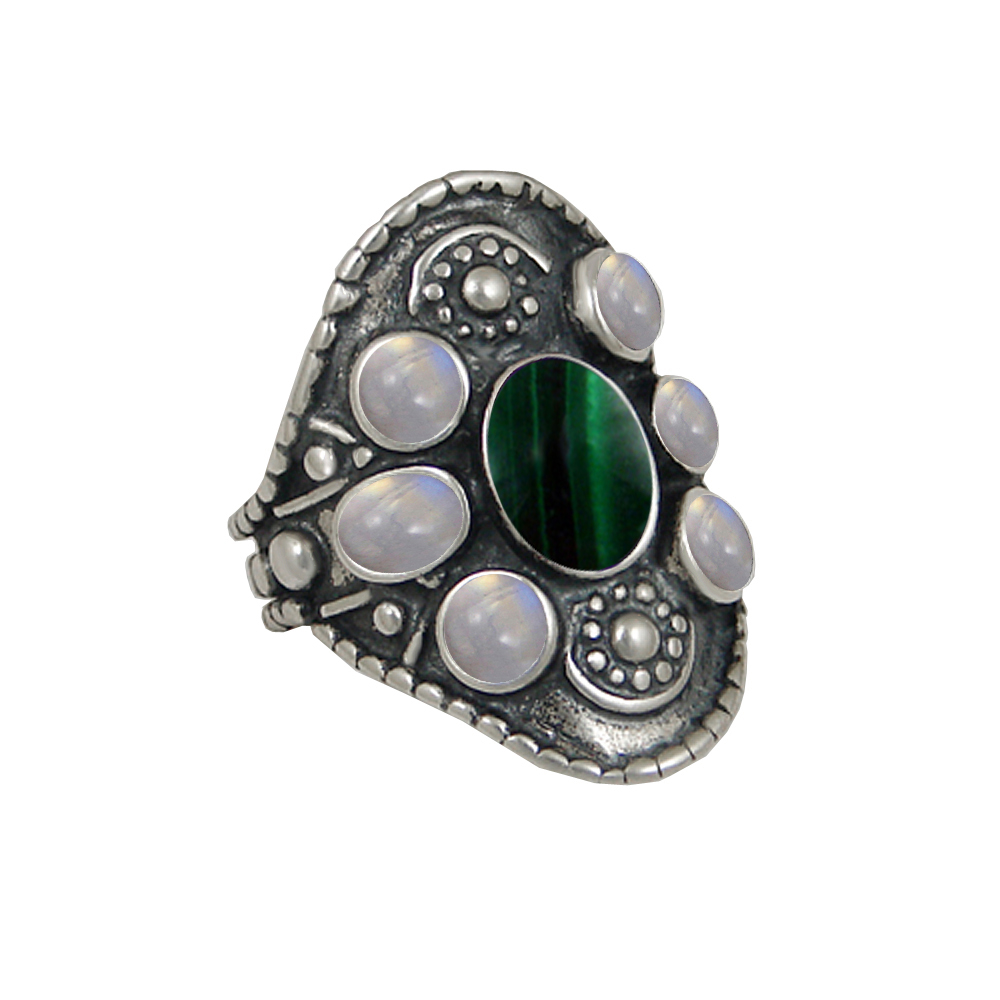 Sterling Silver High Queen's Ring With Malachite And Rainbow Moonstone Size 10